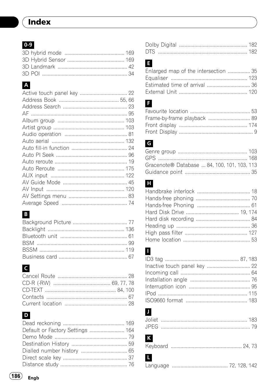 Index | Pioneer AVIC-HD3-II User Manual | Page 186 / 189