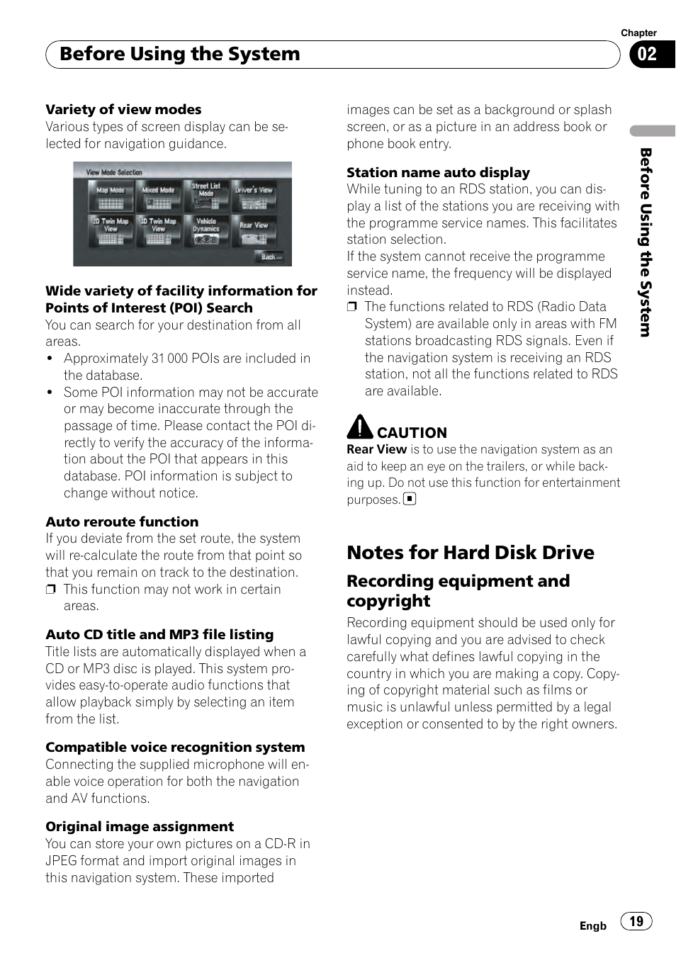 Notes for hard disk drive, Recording equipment and, Copyright | Before using the system | Pioneer AVIC-HD3-II User Manual | Page 19 / 189