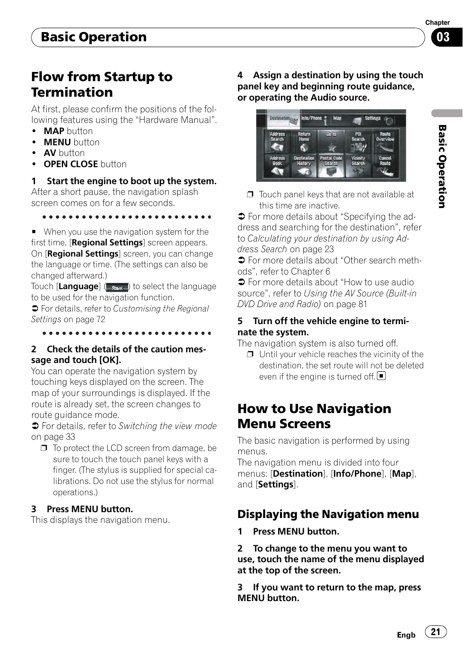 Basic operation flow from startup to termination, How to use navigation menu screens, Displaying the navigation menu 21 | Flow from startup to termination, Basic operation, Displaying the navigation menu | Pioneer AVIC-HD3-II User Manual | Page 21 / 189