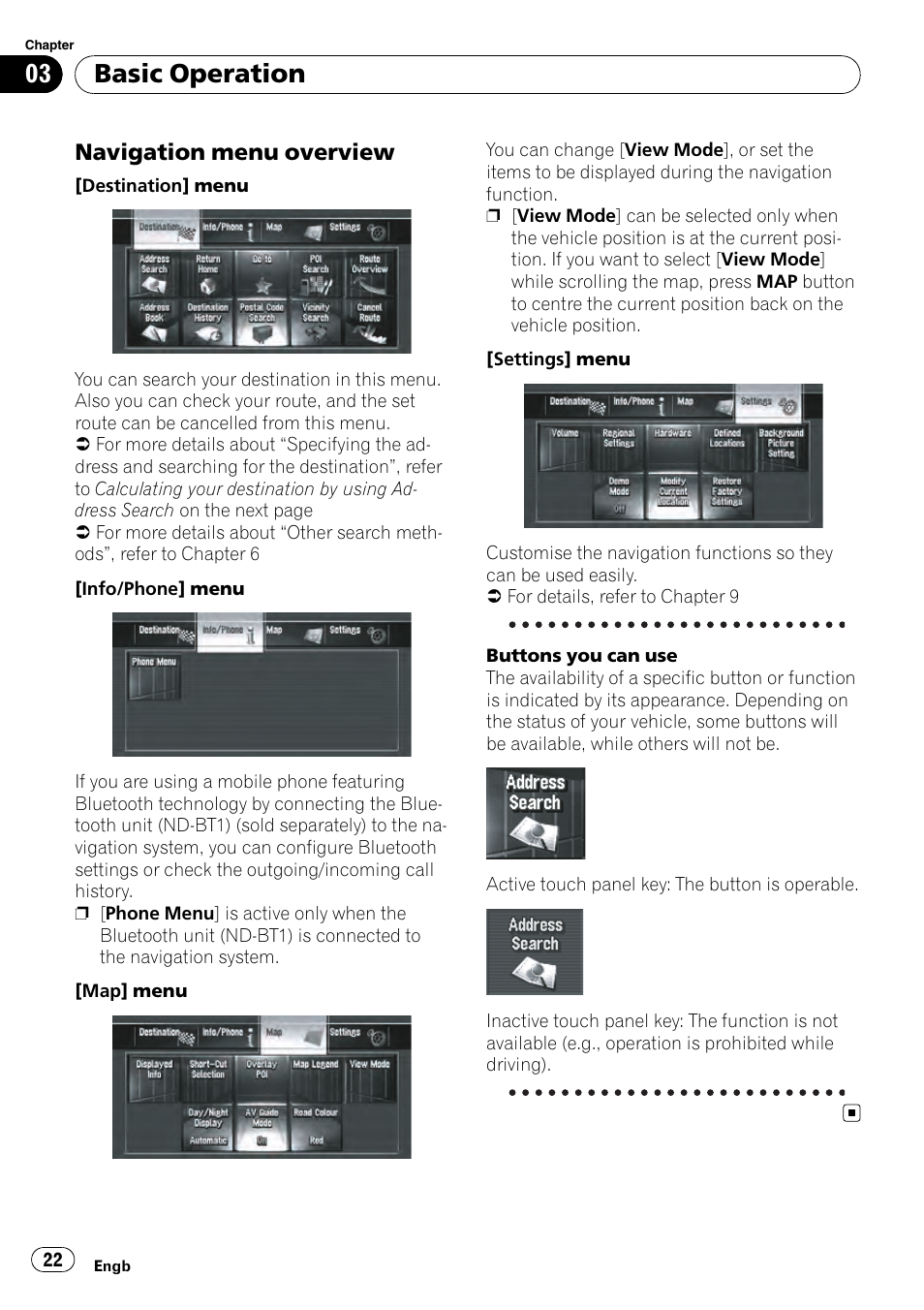 Navigation menu overview 22, Basic operation, Navigation menu overview | Pioneer AVIC-HD3-II User Manual | Page 22 / 189