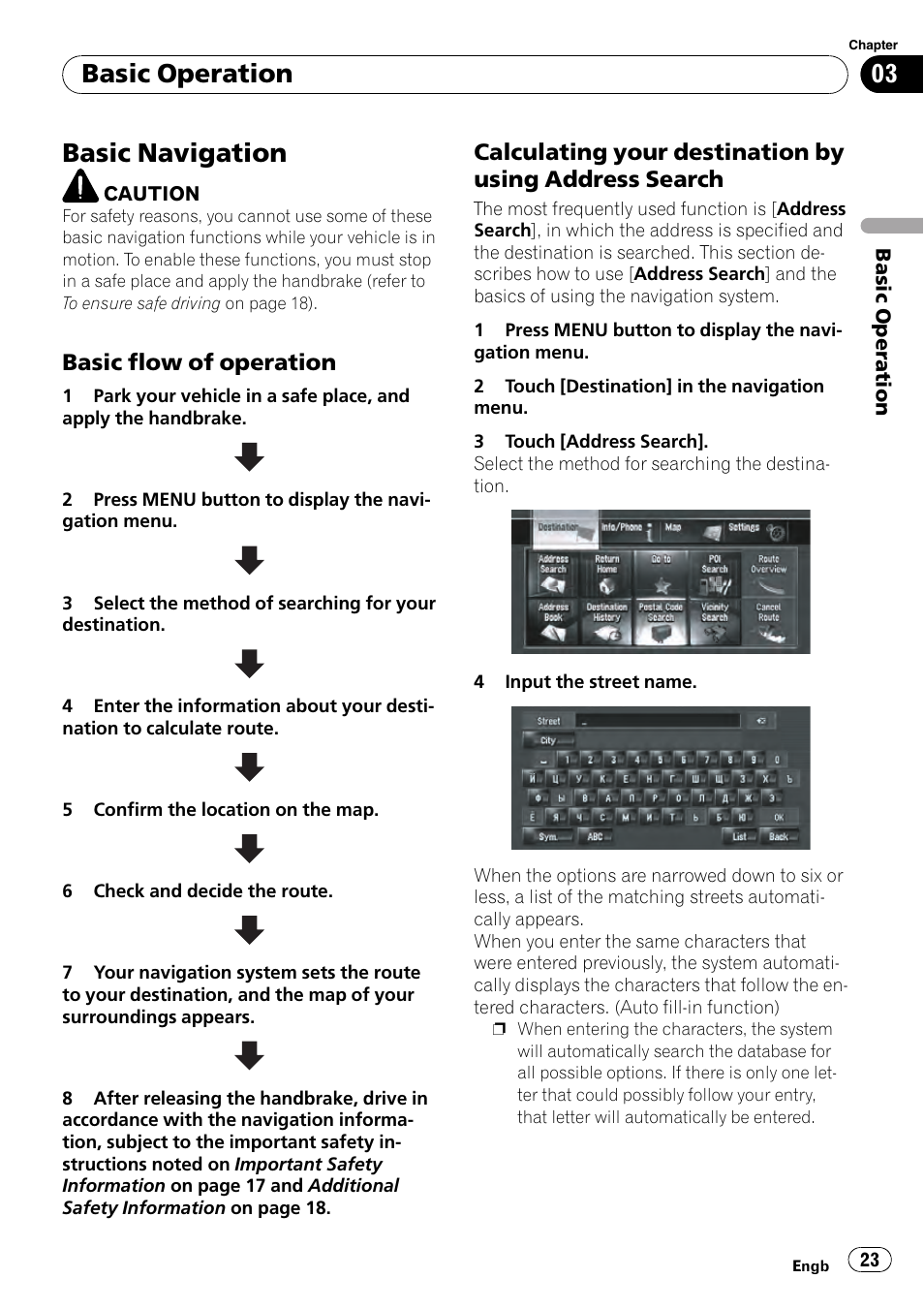 Basic navigation, Basic flow of operation 23, Calculating your destination by using | Address search, Basic operation, Basic flow of operation | Pioneer AVIC-HD3-II User Manual | Page 23 / 189