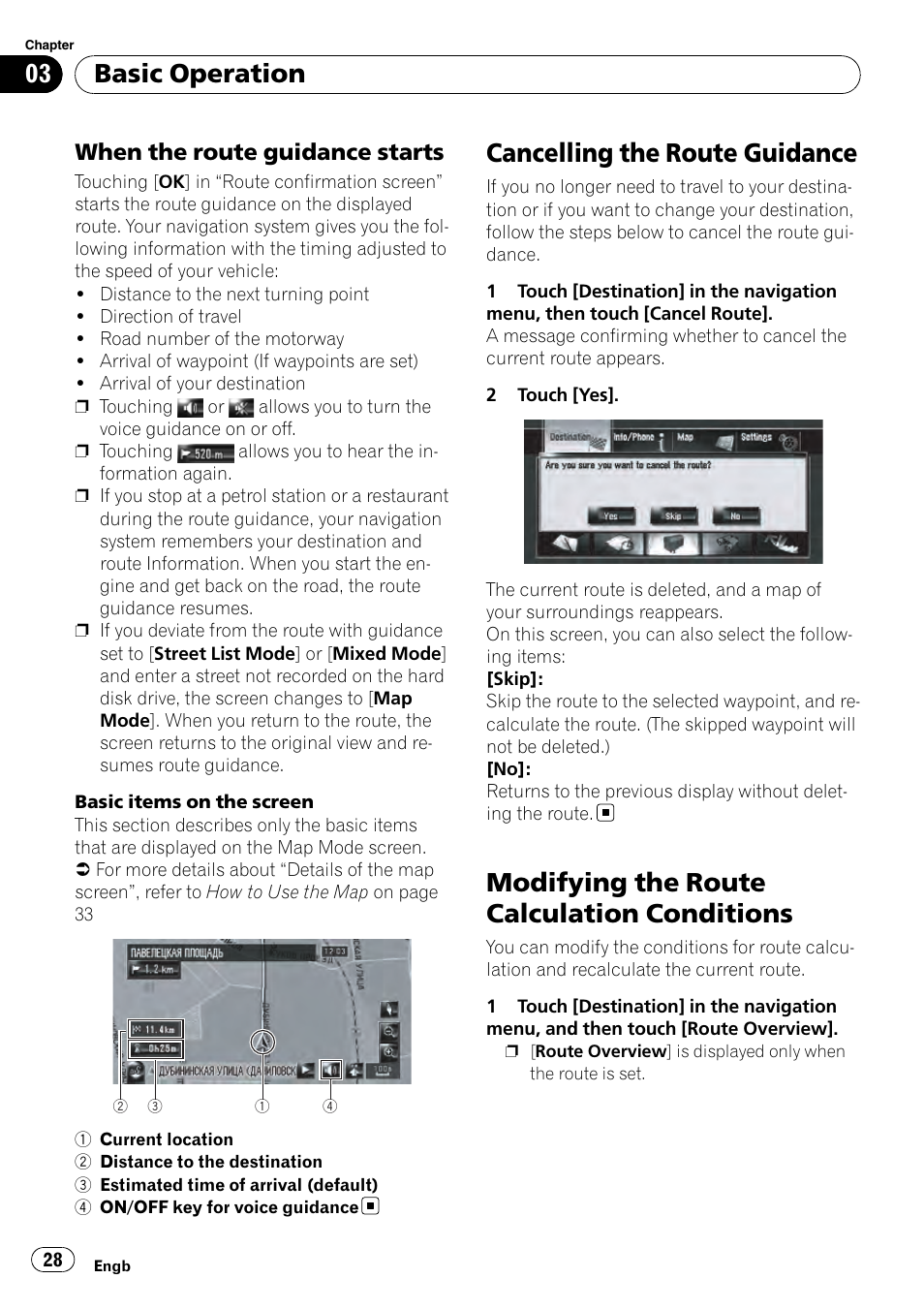 When the route guidance starts 28, Cancelling the route guidance, Modifying the route calculation | Conditions, Modifying the route calculation conditions, Basic operation, When the route guidance starts | Pioneer AVIC-HD3-II User Manual | Page 28 / 189
