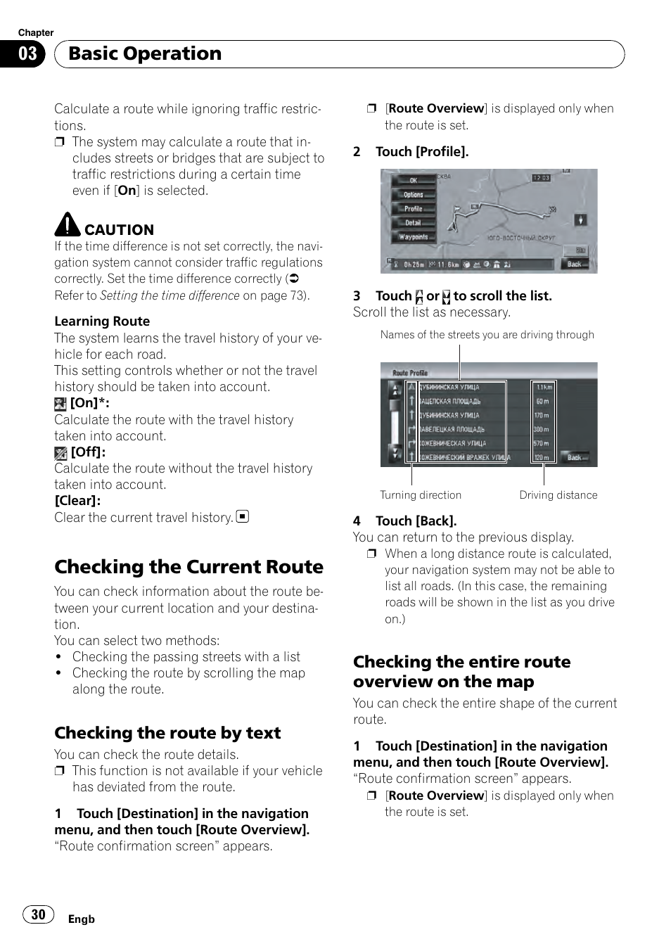 Checking the current route, Checking the route by text 30, Checking the entire route overview on | The map, Basic operation, Checking the route by text, Checking the entire route overview on the map | Pioneer AVIC-HD3-II User Manual | Page 30 / 189