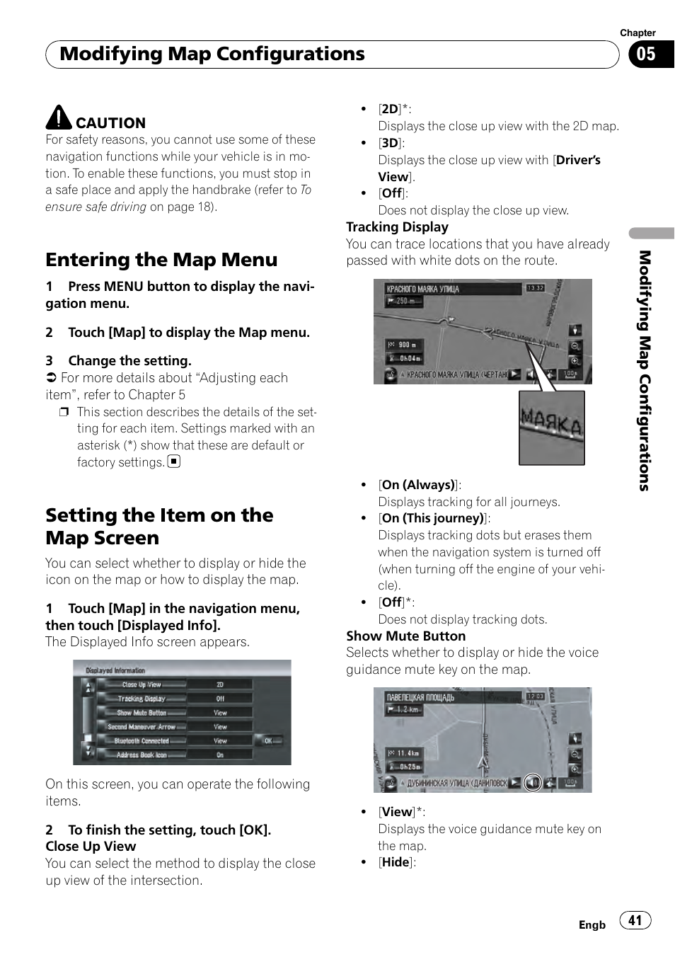 Modifying map configurations entering the map menu, Setting the item on the map screen, Setting the item on the map | Setting the, Entering the map menu, Modifying map configurations | Pioneer AVIC-HD3-II User Manual | Page 41 / 189