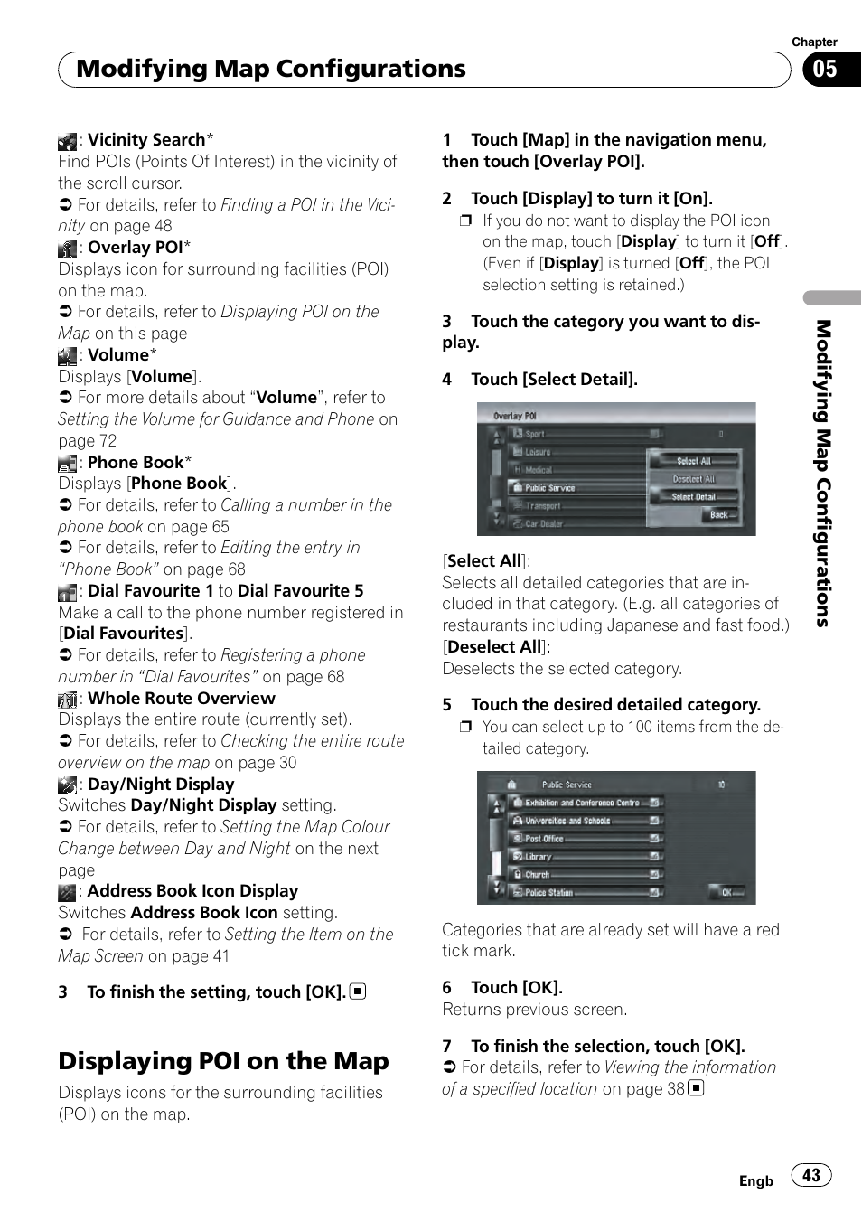 Displaying poi on the map, Displaying poi, Modifying map configurations | Pioneer AVIC-HD3-II User Manual | Page 43 / 189