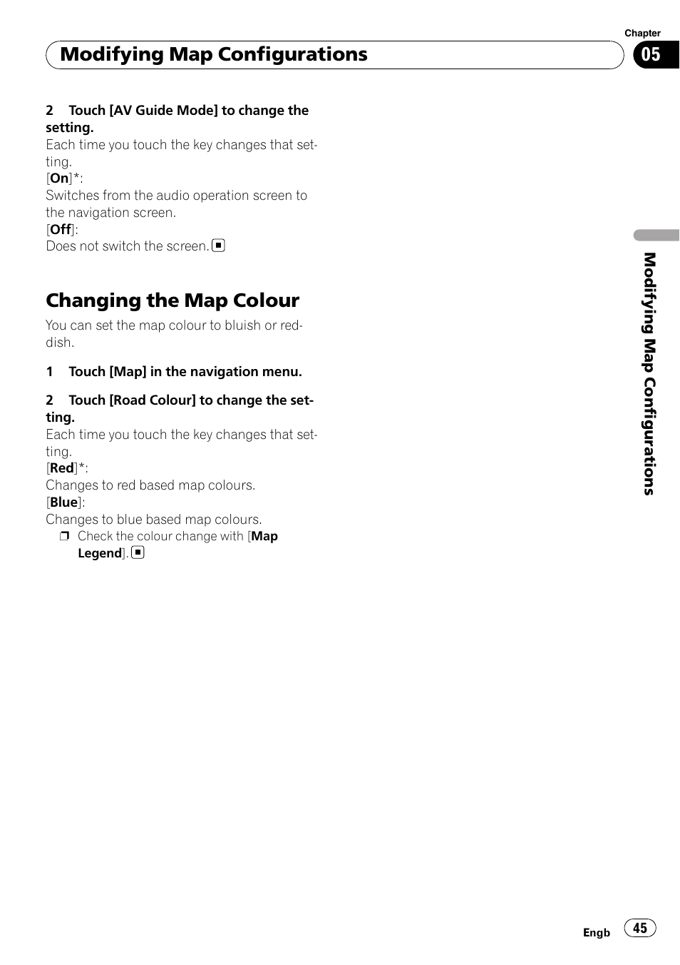 Changing the map colour, Modifying map configurations | Pioneer AVIC-HD3-II User Manual | Page 45 / 189