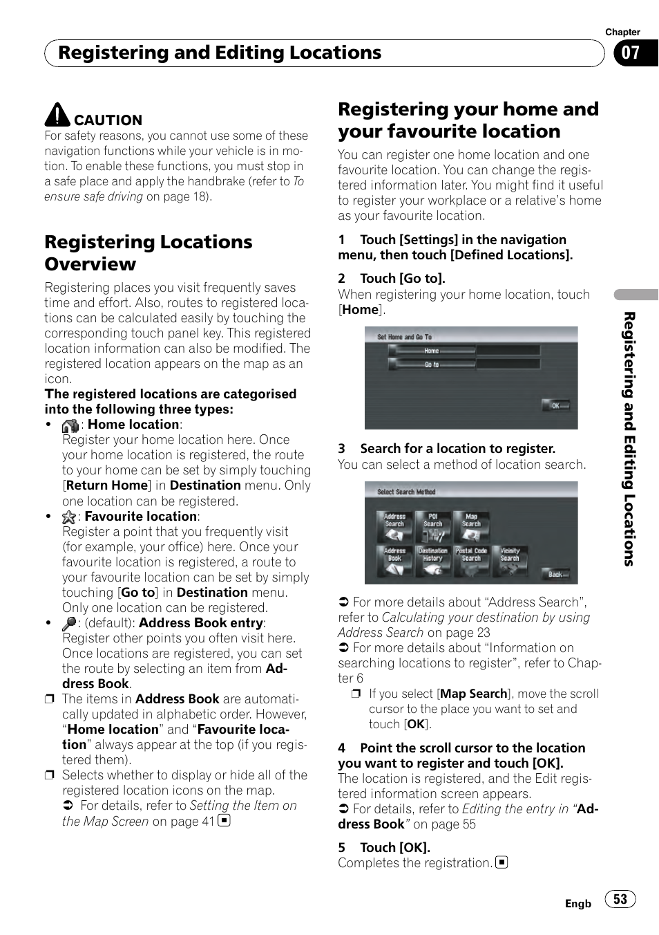 Registering your home and your favourite, Location, Registering locations overview | Registering your home and your favourite location, Registering and editing locations | Pioneer AVIC-HD3-II User Manual | Page 53 / 189