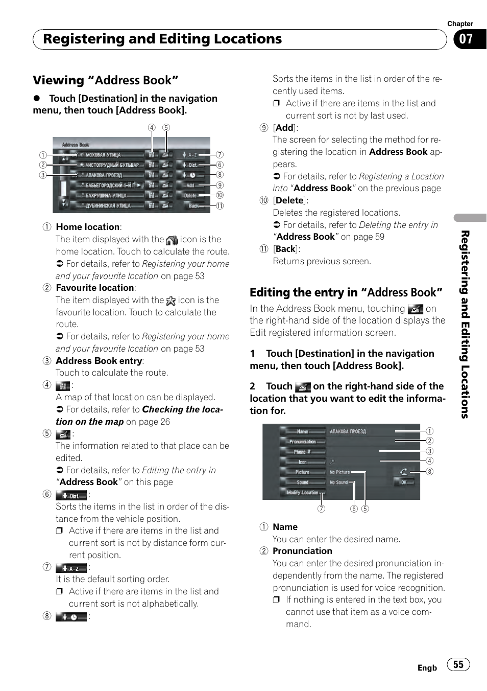 Viewing “address book” 55, Editing the entry in “address book” 55, Viewing “address | Book, Editing the entry in “ad- dress book, Registering and editing locations, Viewing “address book, Editing the entry in “address book | Pioneer AVIC-HD3-II User Manual | Page 55 / 189