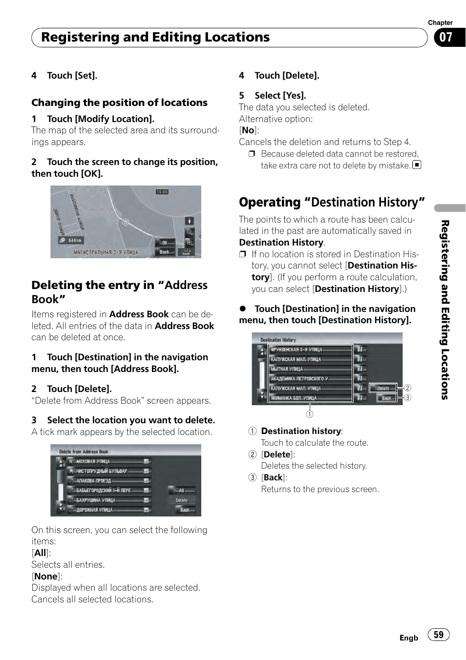 Deleting the entry in “address, Book, Operating | Destination history” 59, Operating “destina, Tion history, Operating “destination history, Registering and editing locations, Deleting the entry in “address book | Pioneer AVIC-HD3-II User Manual | Page 59 / 189