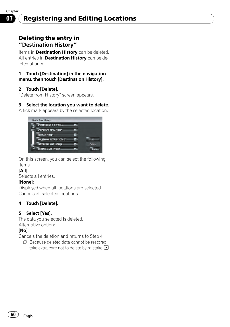 Deleting the entry in “destination, History, Registering and editing locations | Deleting the entry in “destination history | Pioneer AVIC-HD3-II User Manual | Page 60 / 189