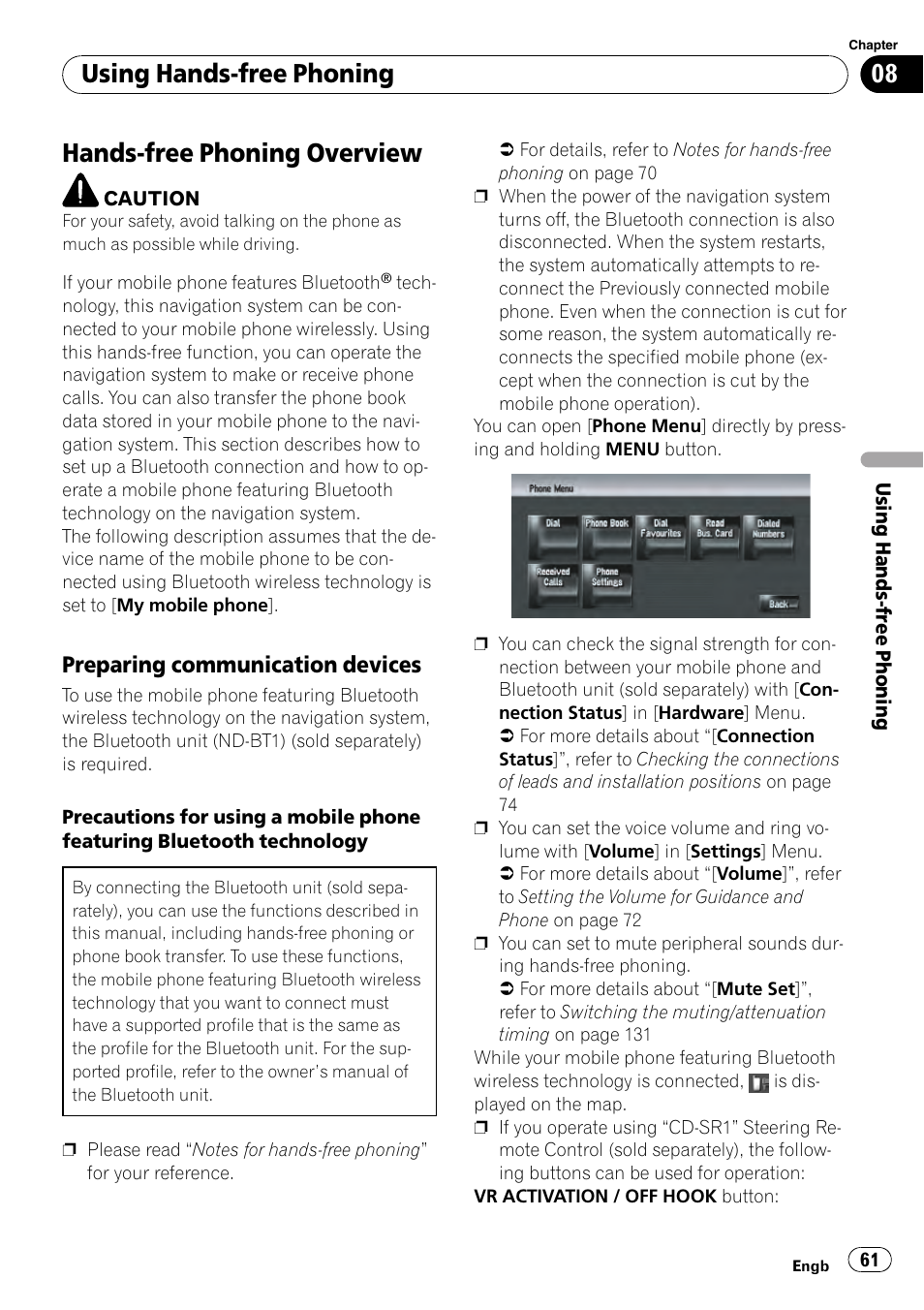 Preparing communication devices 61, Hands-free phoning overview, Using hands-free phoning | Preparing communication devices | Pioneer AVIC-HD3-II User Manual | Page 61 / 189