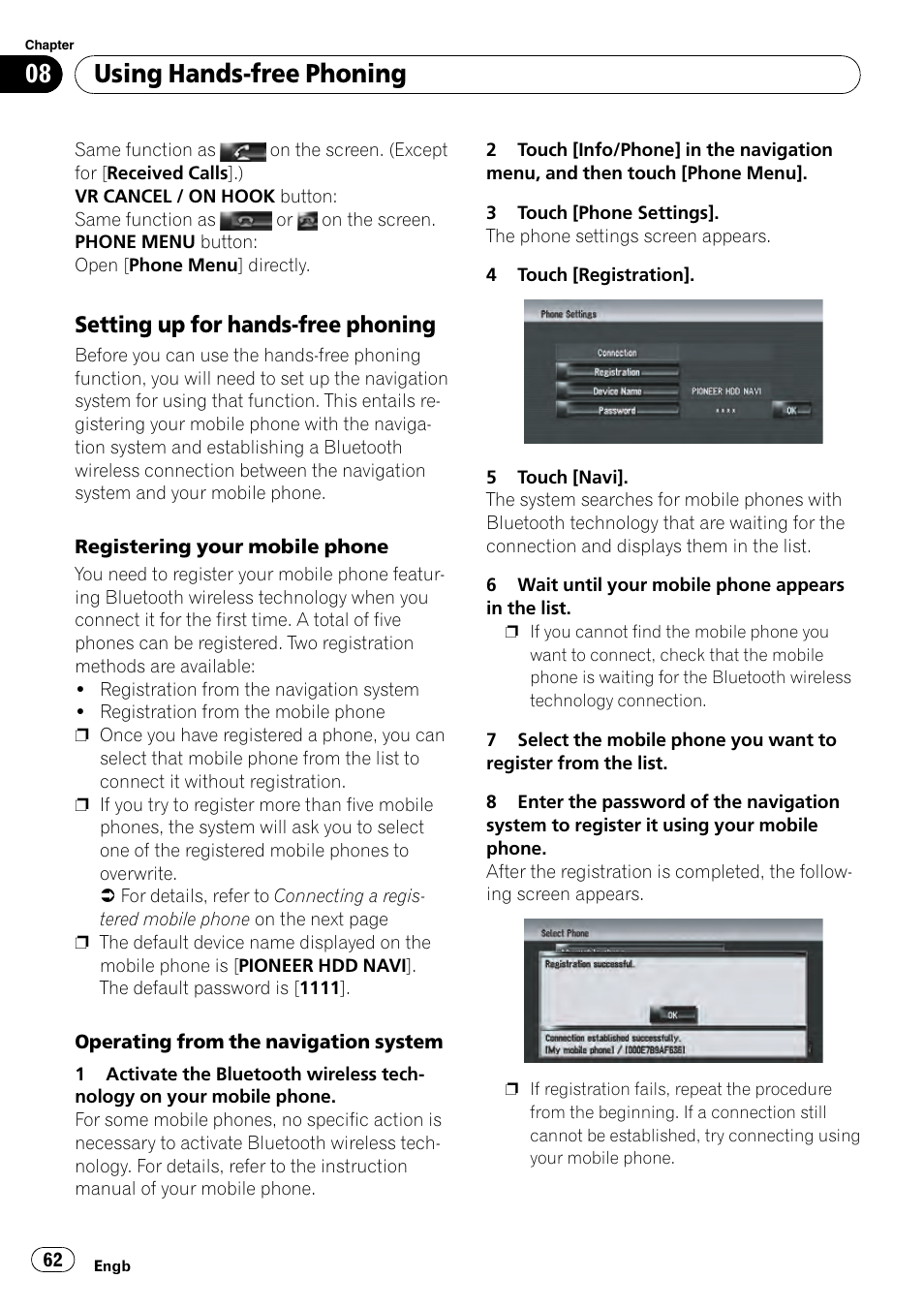 Setting up for hands-free phoning 62, Using hands-free phoning, Setting up for hands-free phoning | Pioneer AVIC-HD3-II User Manual | Page 62 / 189
