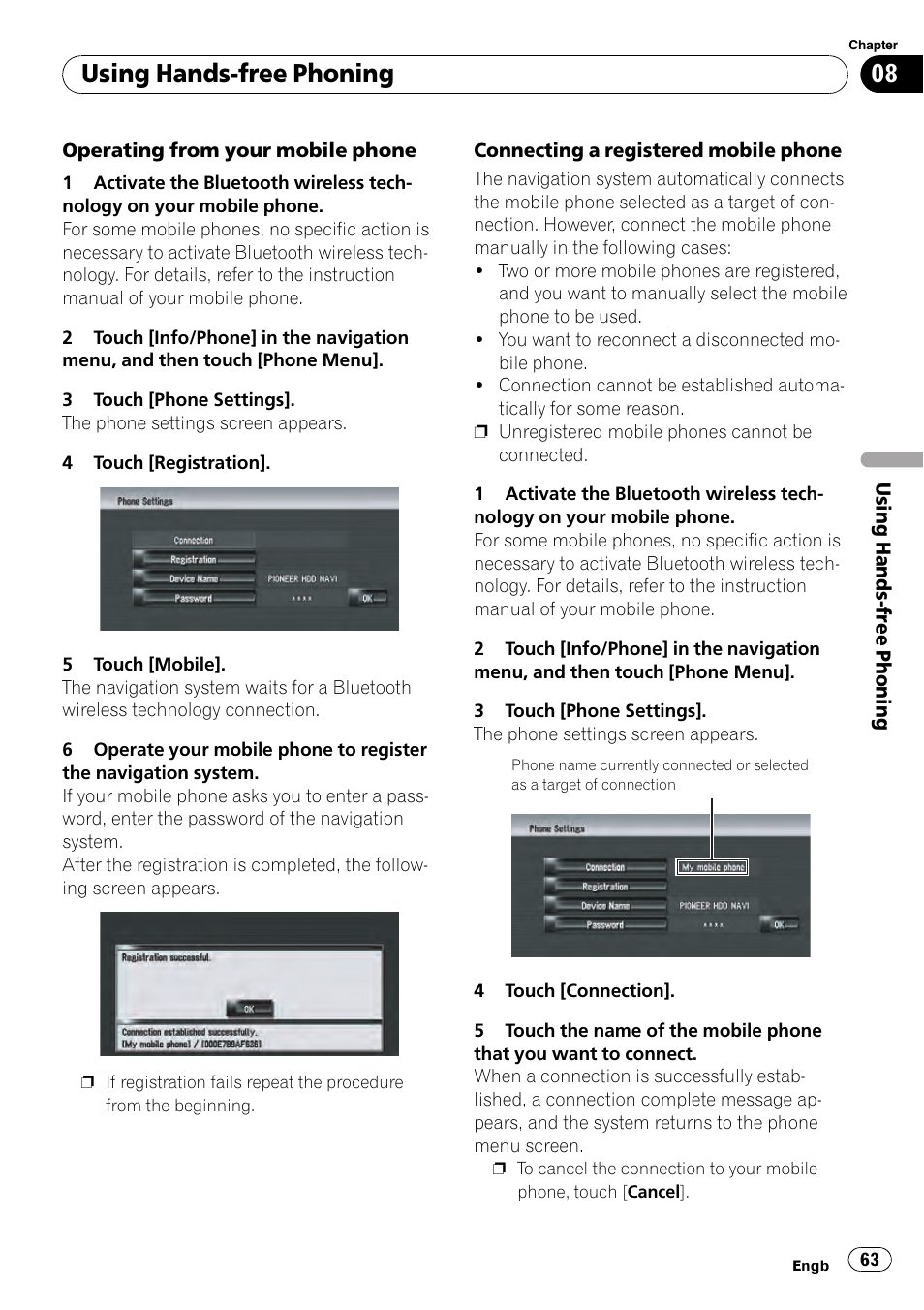Using hands-free phoning | Pioneer AVIC-HD3-II User Manual | Page 63 / 189