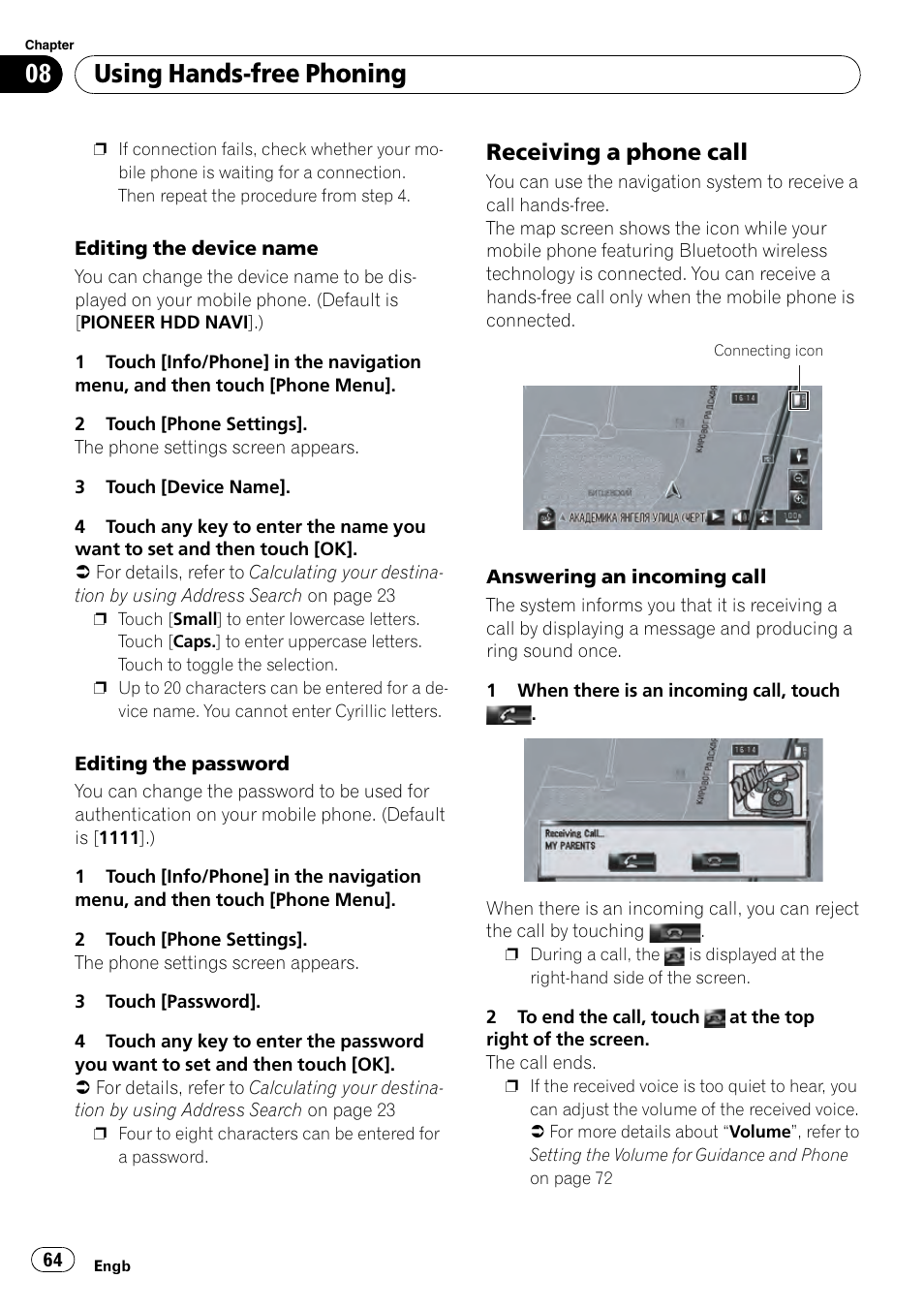 Receiving a phone call 64, Using hands-free phoning, Receiving a phone call | Pioneer AVIC-HD3-II User Manual | Page 64 / 189