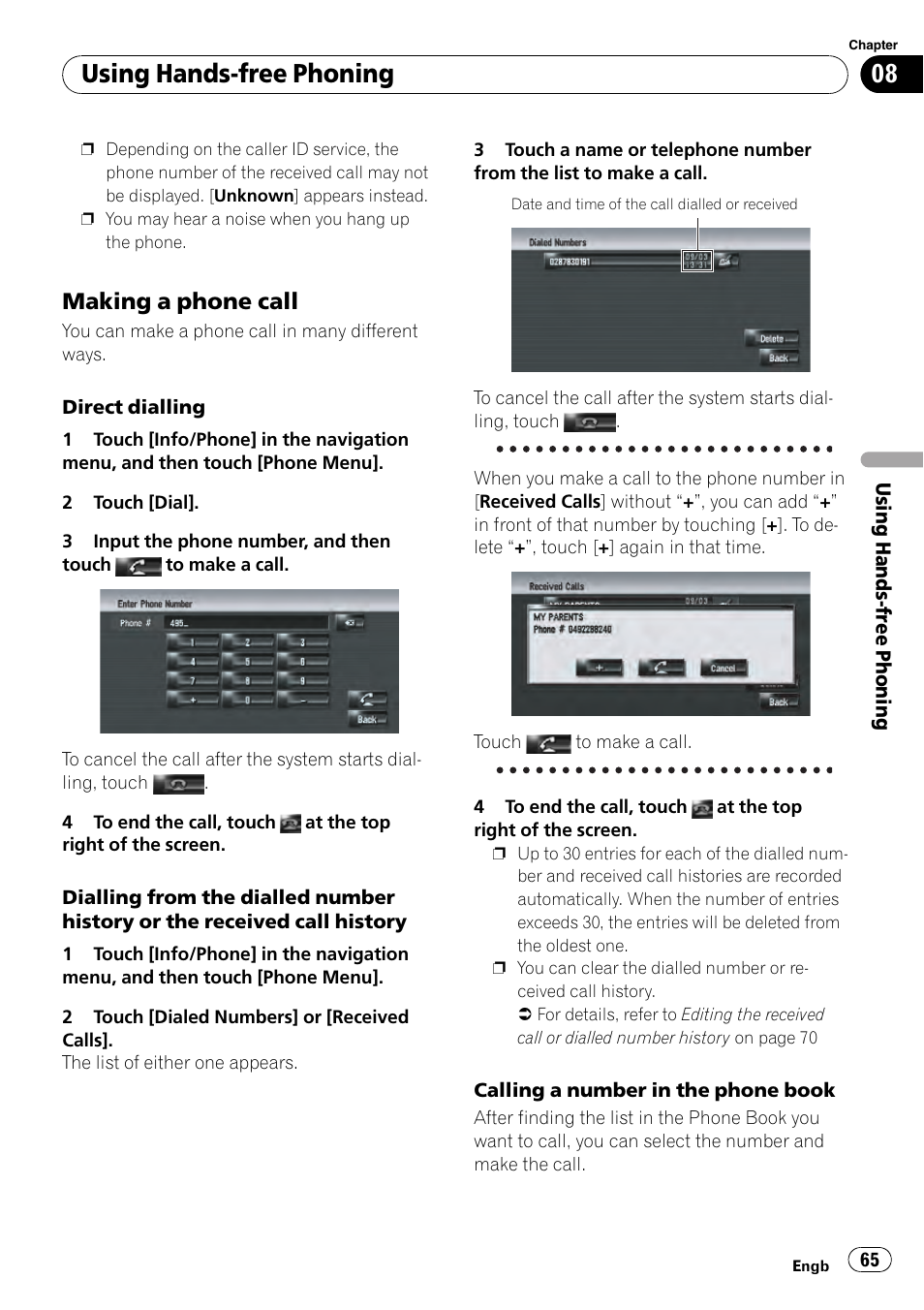 Making a phone call 65, Using hands-free phoning, Making a phone call | Pioneer AVIC-HD3-II User Manual | Page 65 / 189