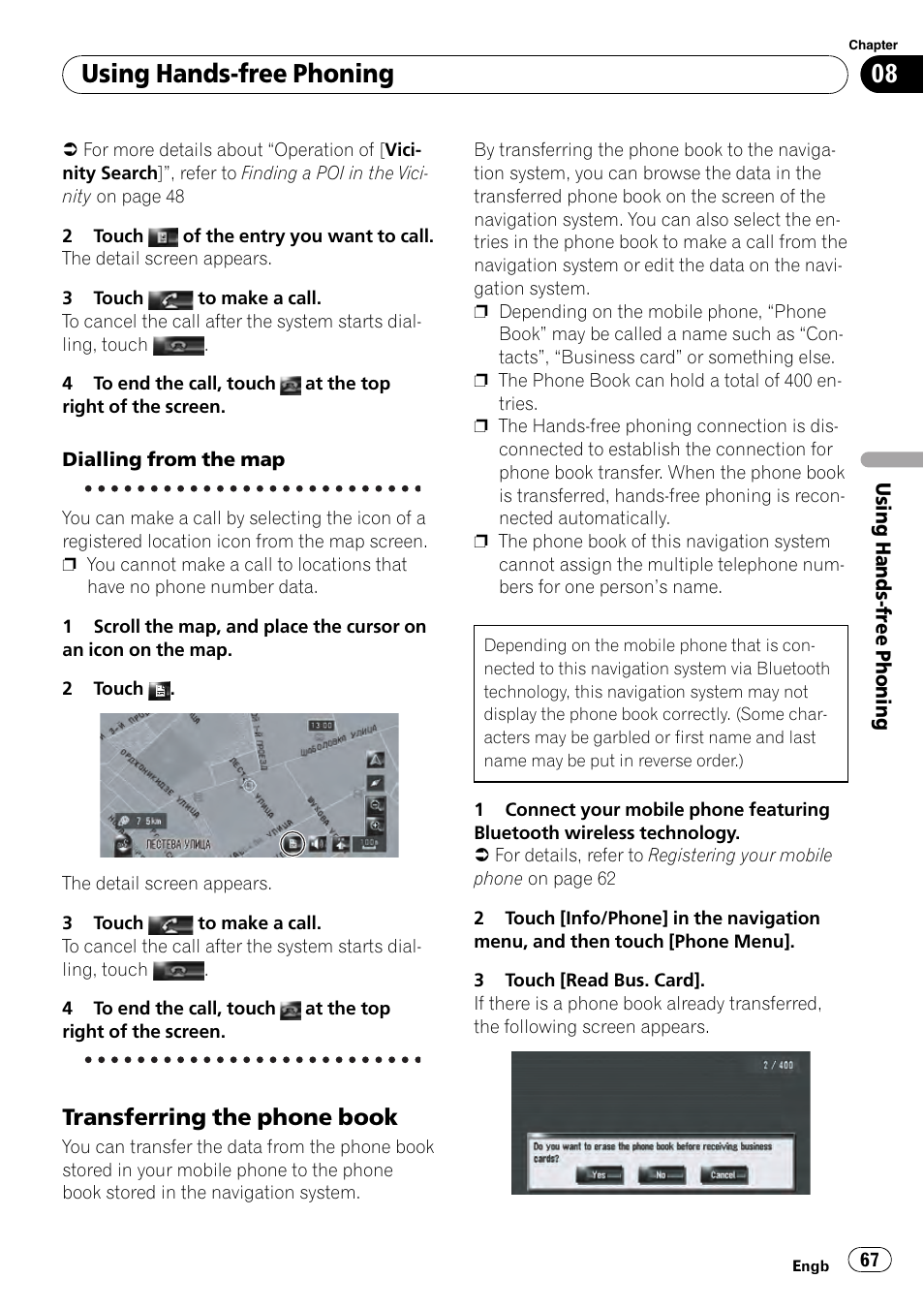 Transferring the phone book 67, Using hands-free phoning, Transferring the phone book | Pioneer AVIC-HD3-II User Manual | Page 67 / 189