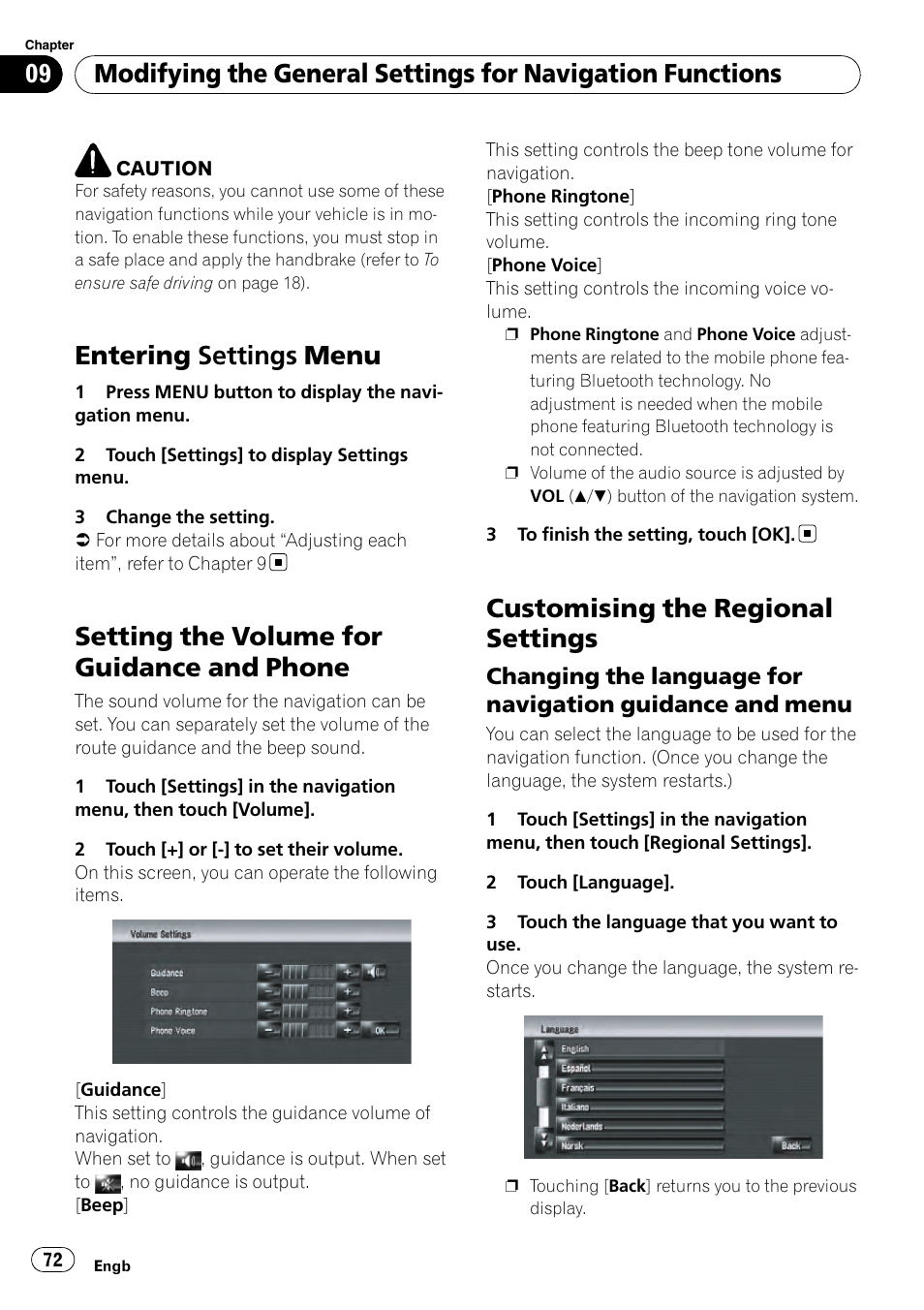 Setting the volume for guidance and, Phone, Customising the regional settings | Changing the language for navigation, Guidance and menu, Entering settings menu, Setting the volume for guidance and phone | Pioneer AVIC-HD3-II User Manual | Page 72 / 189