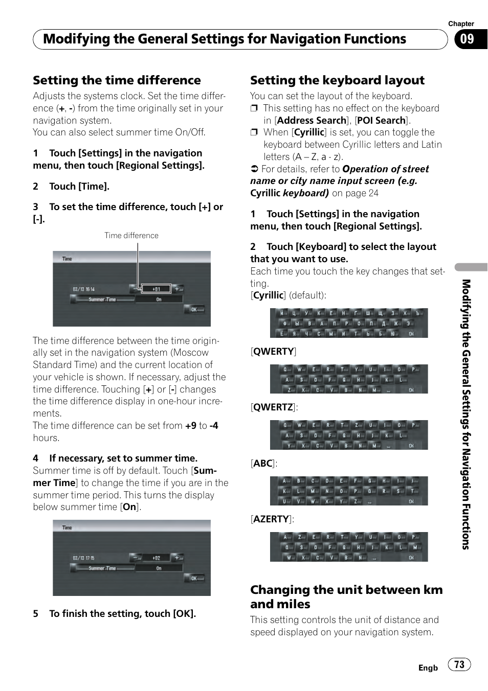 Setting the time difference 73, Setting the keyboard layout 73, Changing the unit between km and | Miles, Setting the time difference, Setting the keyboard layout, Changing the unit between km and miles | Pioneer AVIC-HD3-II User Manual | Page 73 / 189