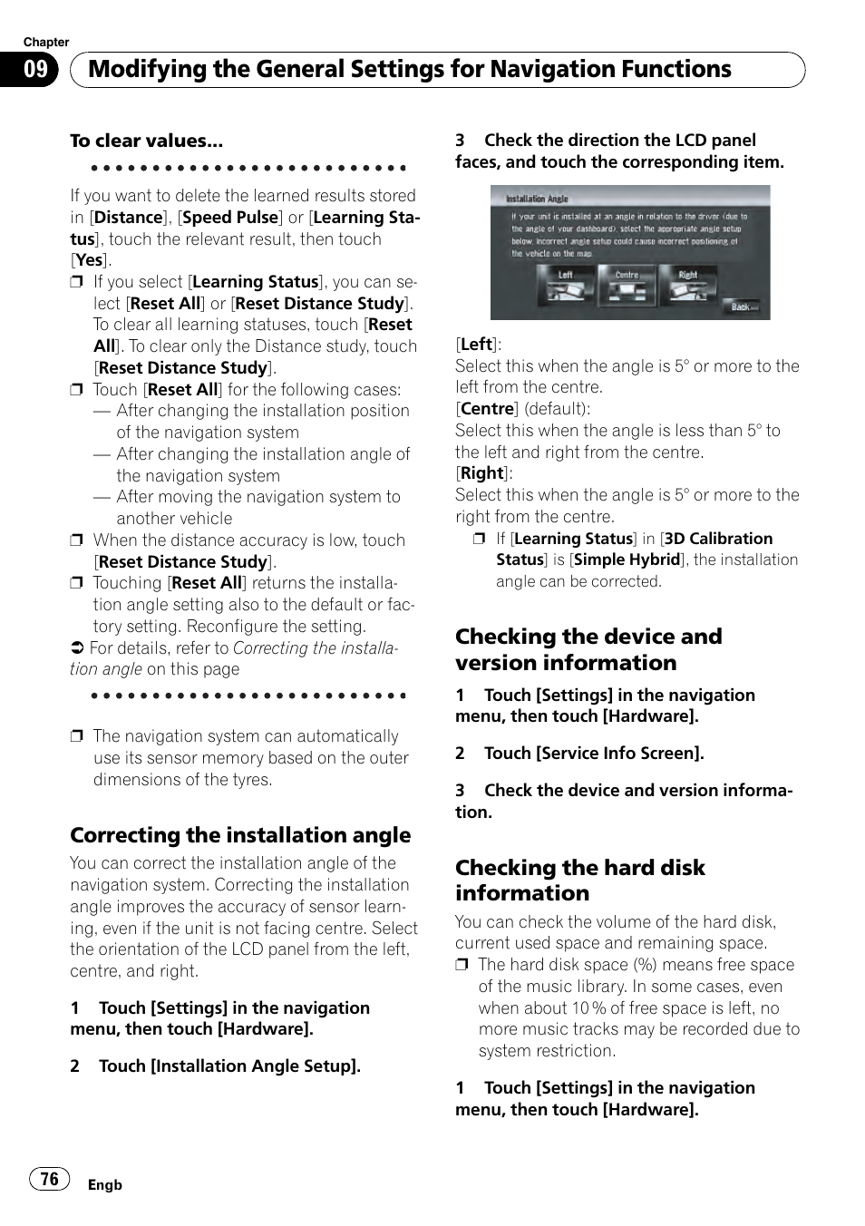 Correcting the installation angle 76, Checking the device and version, Information | Checking the hard disk, Correcting the installation angle, Checking the device and version information, Checking the hard disk information | Pioneer AVIC-HD3-II User Manual | Page 76 / 189