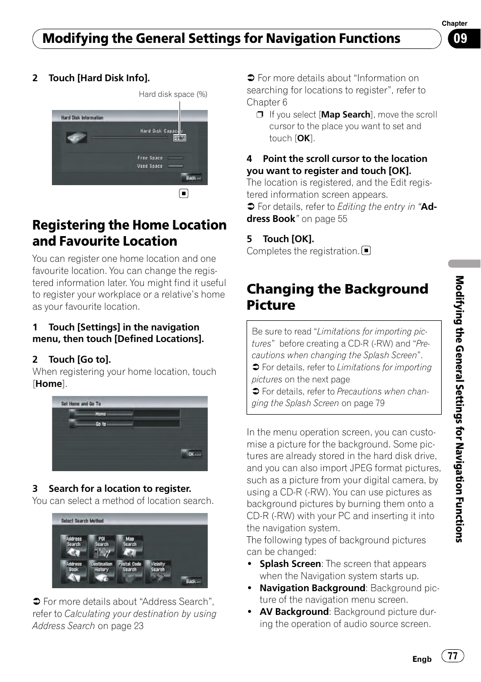 Registering the home location and favourite, Location, Changing the background picture | Pioneer AVIC-HD3-II User Manual | Page 77 / 189