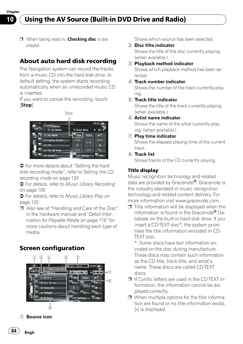 About auto hard disk recording 84, Screen configuration 84, Using the av source (built-in dvd drive and radio) | About auto hard disk recording, Screen configuration | Pioneer AVIC-HD3-II User Manual | Page 84 / 189