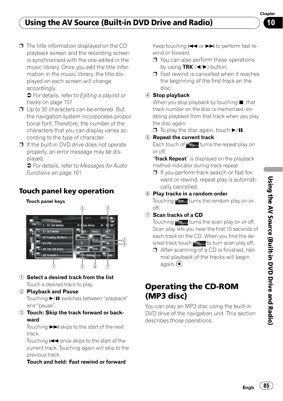 Touch panel key operation 85, Operating the cd-rom (mp3 disc), Using the av source (built-in dvd drive and radio) | Touch panel key operation | Pioneer AVIC-HD3-II User Manual | Page 85 / 189