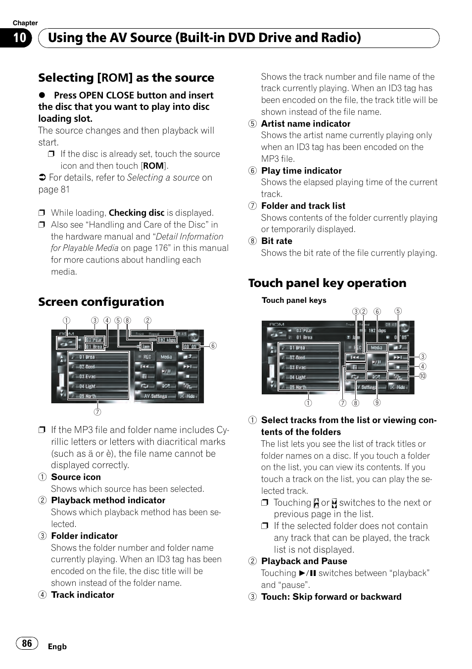 Selecting [rom] as the source 86, Screen configuration 86, Touch panel key operation 86 | Using the av source (built-in dvd drive and radio), Selecting [rom] as the source, Screen configuration, Touch panel key operation | Pioneer AVIC-HD3-II User Manual | Page 86 / 189