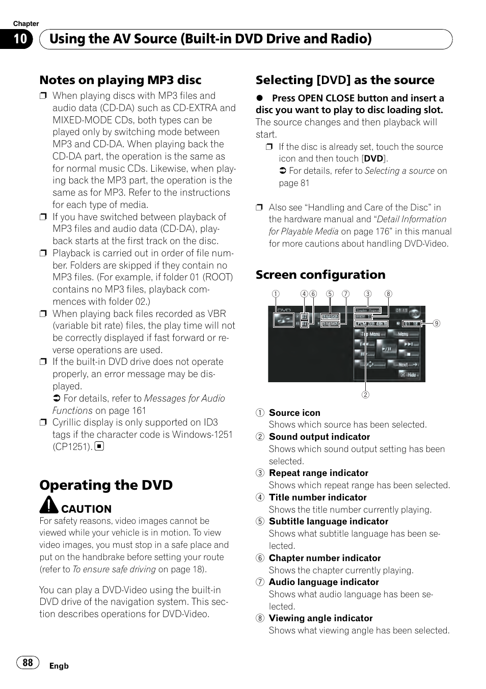 Notes on playing mp3 disc 88, Operating the dvd, Selecting [dvd] as the source 88 | Screen configuration 88, Using the av source (built-in dvd drive and radio), Selecting [dvd] as the source, Screen configuration | Pioneer AVIC-HD3-II User Manual | Page 88 / 189