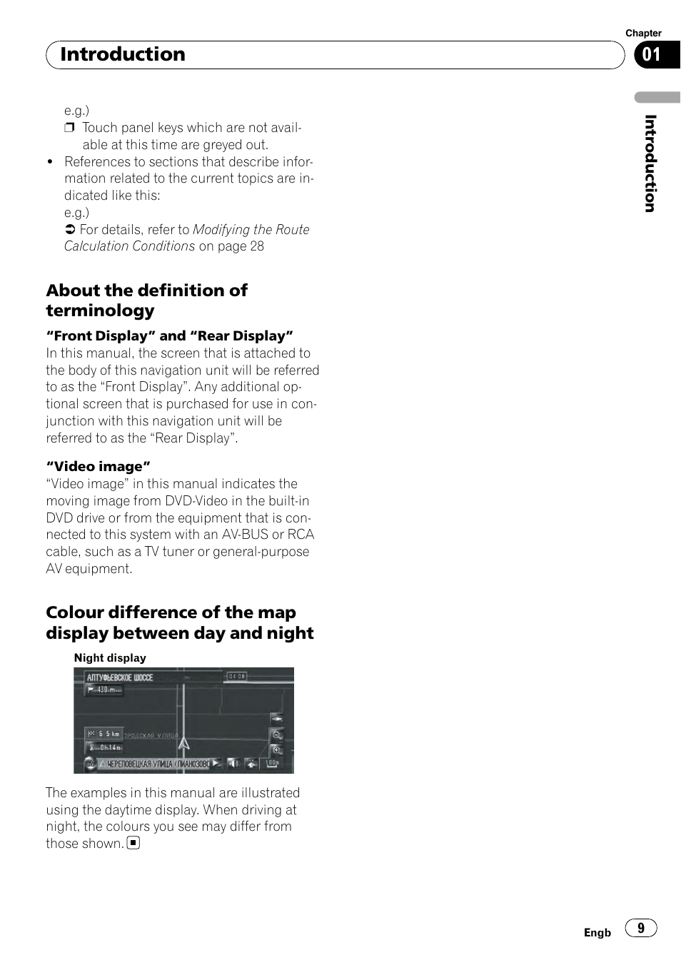 About the definition of terminology 9, Colour difference of the map display, Between day and night | Introduction | Pioneer AVIC-HD3-II User Manual | Page 9 / 189