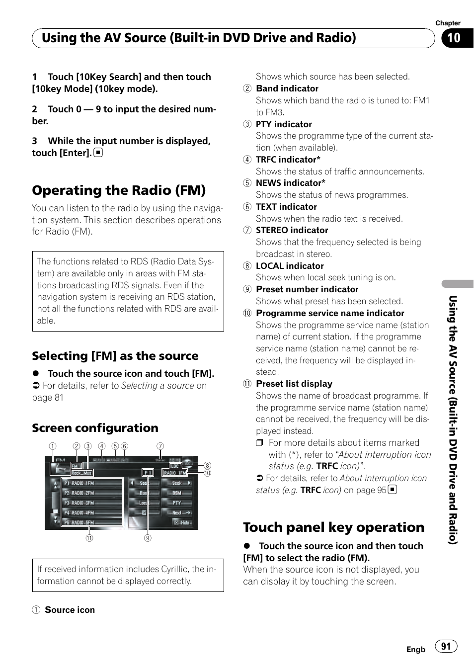 Operating the radio (fm), Selecting [fm] as the source 91, Screen configuration 91 | Touch panel key operation, Using the av source (built-in dvd drive and radio), Selecting [fm] as the source, Screen configuration | Pioneer AVIC-HD3-II User Manual | Page 91 / 189