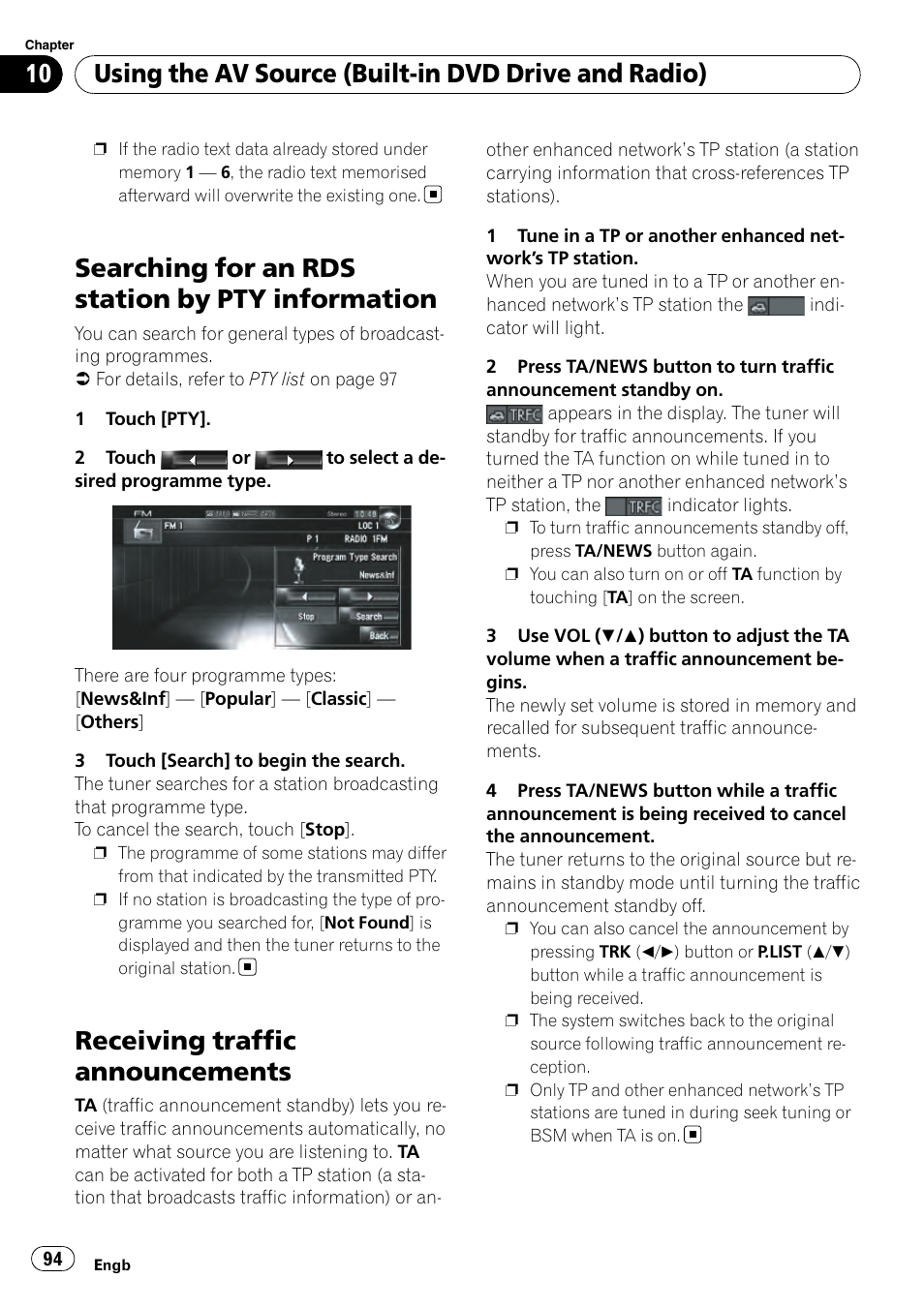 Searching for an rds station by pty, Information, Receiving traffic announcements | Searching for an rds station by pty information, Using the av source (built-in dvd drive and radio) | Pioneer AVIC-HD3-II User Manual | Page 94 / 189