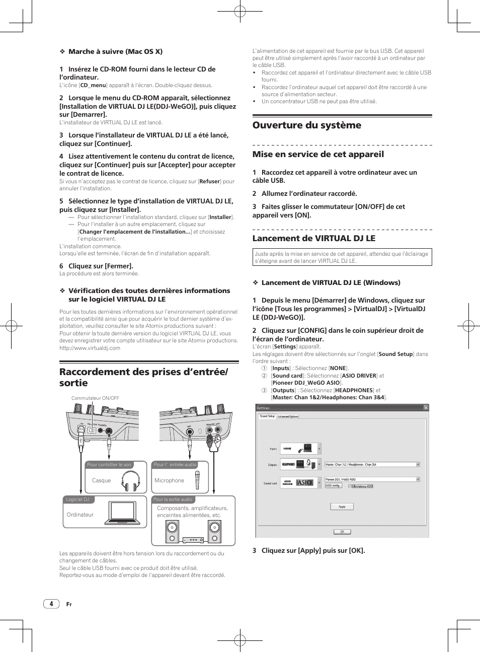Raccordement des prises d’entrée/ sortie, Ouverture du système, Mise en service de cet appareil | Lancement de virtual dj le | Pioneer DDJ-WeGO-G User Manual | Page 10 / 64
