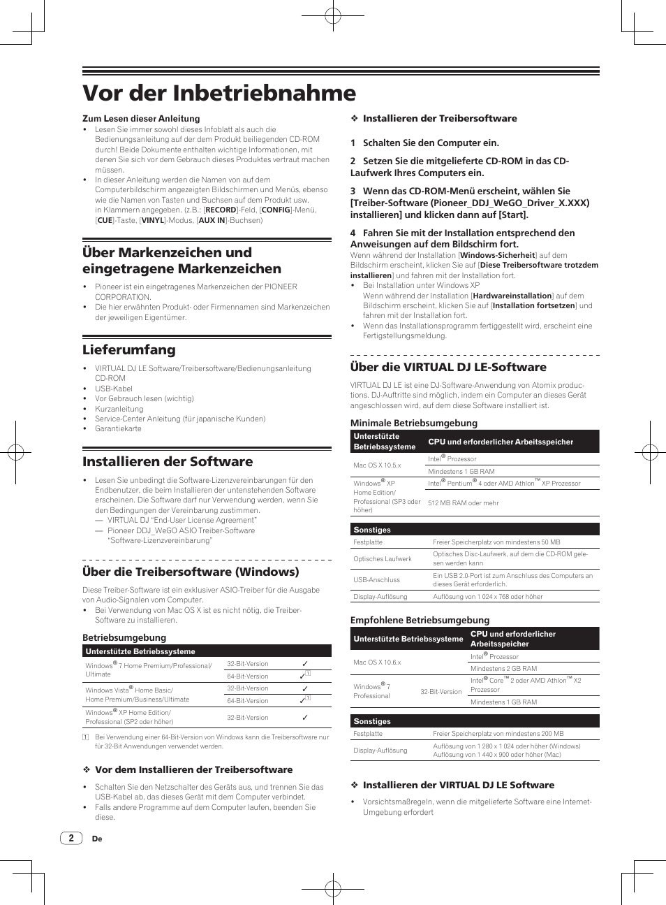 Kurzanleitung, Dj controller, Vor der inbetriebnahme | Über markenzeichen und eingetragene markenzeichen, Lieferumfang, Installieren der software, Über die treibersoftware (windows), Über die virtual dj le-software | Pioneer DDJ-WeGO-G User Manual | Page 14 / 64