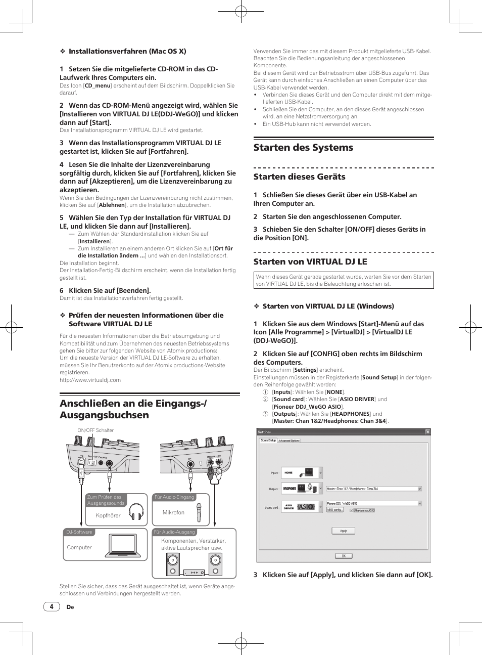 Anschließen an die eingangs-/ ausgangsbuchsen, Starten des systems, Starten dieses geräts | Starten von virtual dj le | Pioneer DDJ-WeGO-G User Manual | Page 16 / 64