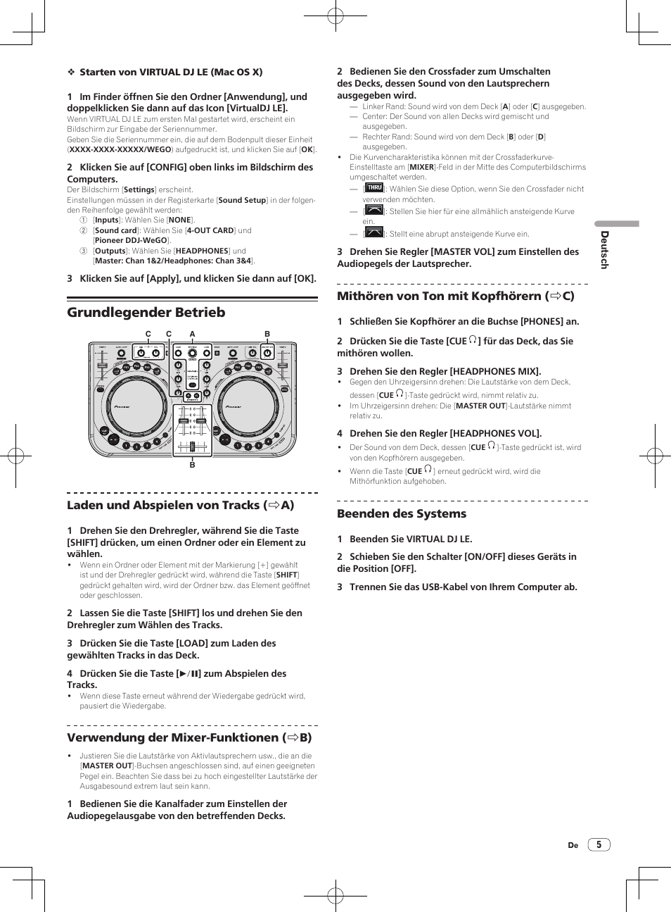 Grundlegender betrieb, Laden und abspielen von tracks ( r a), Verwendung der mixer-funktionen ( r b) | Mithören von ton mit kopfhörern ( r c), Beenden des systems | Pioneer DDJ-WeGO-G User Manual | Page 17 / 64