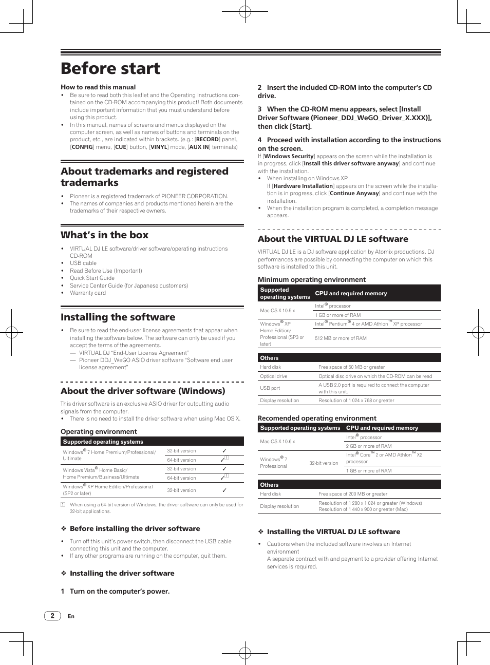 Quick start guide, Dj controller, Before start | About trademarks and registered trademarks, What’s in the box, Installing the software, About the driver software (windows), About the virtual dj le software | Pioneer DDJ-WeGO-G User Manual | Page 2 / 64