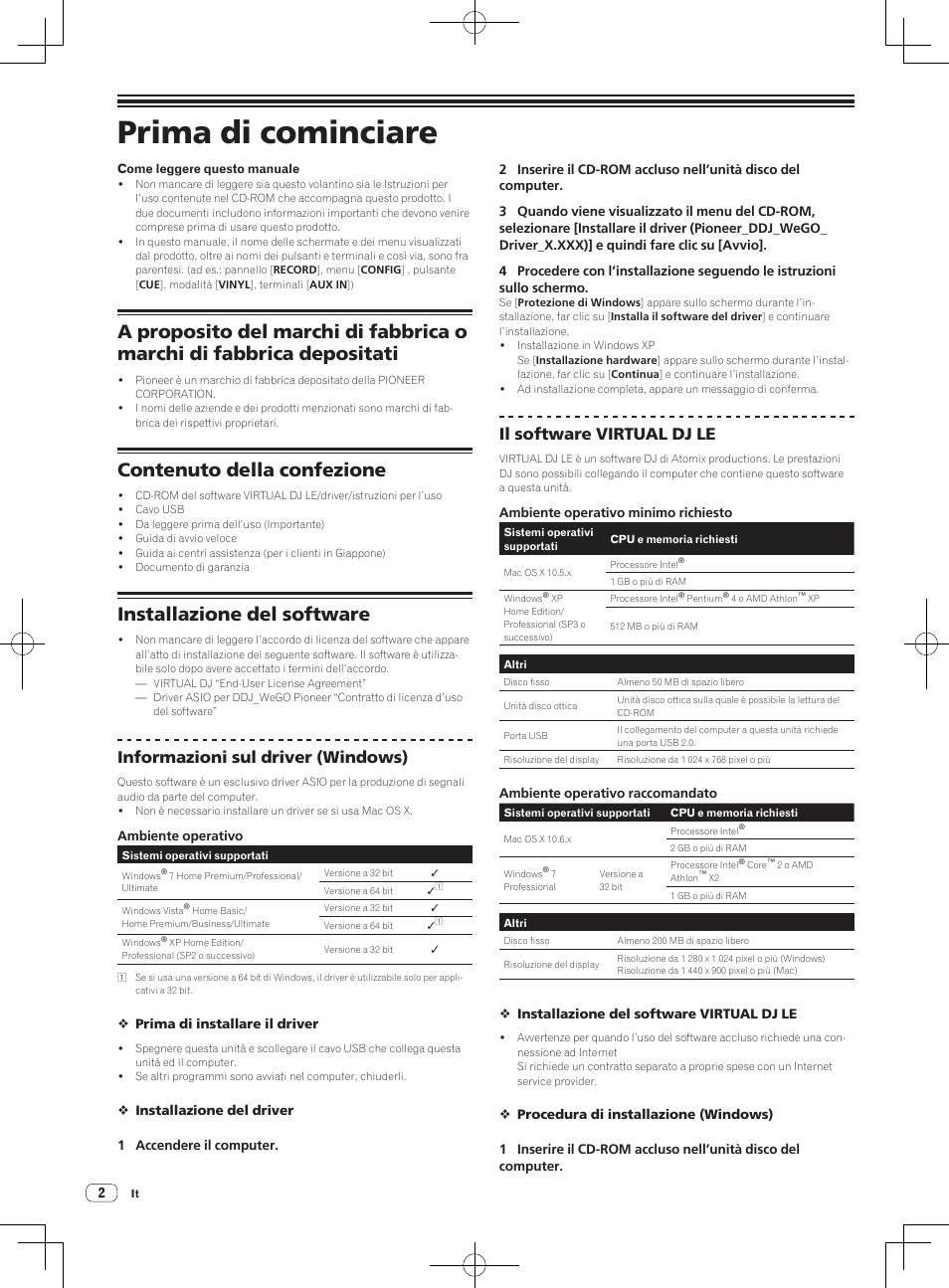 Guida di avvio veloce, Dj controller, Prima di cominciare | Contenuto della confezione, Installazione del software, Informazioni sul driver (windows), Il software virtual dj le | Pioneer DDJ-WeGO-G User Manual | Page 20 / 64