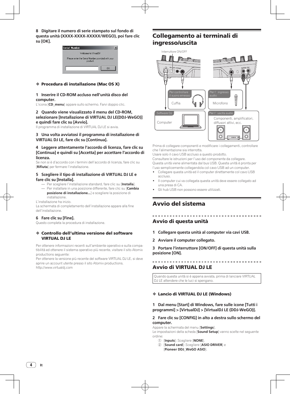 Collegamento ai terminali di ingresso/uscita, Avvio del sistema, Avvio di questa unità | Avvio di virtual dj le | Pioneer DDJ-WeGO-G User Manual | Page 22 / 64