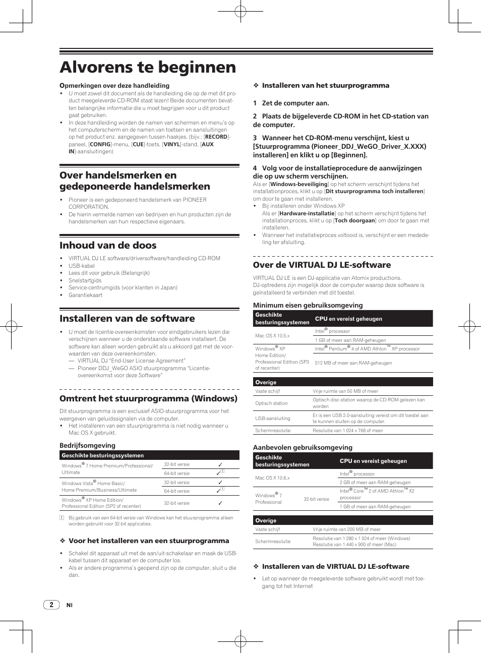 Snelstartgids, Dj controller, Alvorens te beginnen | Over handelsmerken en gedeponeerde handelsmerken, Inhoud van de doos, Installeren van de software, Omtrent het stuurprogramma (windows), Over de virtual dj le-software | Pioneer DDJ-WeGO-G User Manual | Page 26 / 64