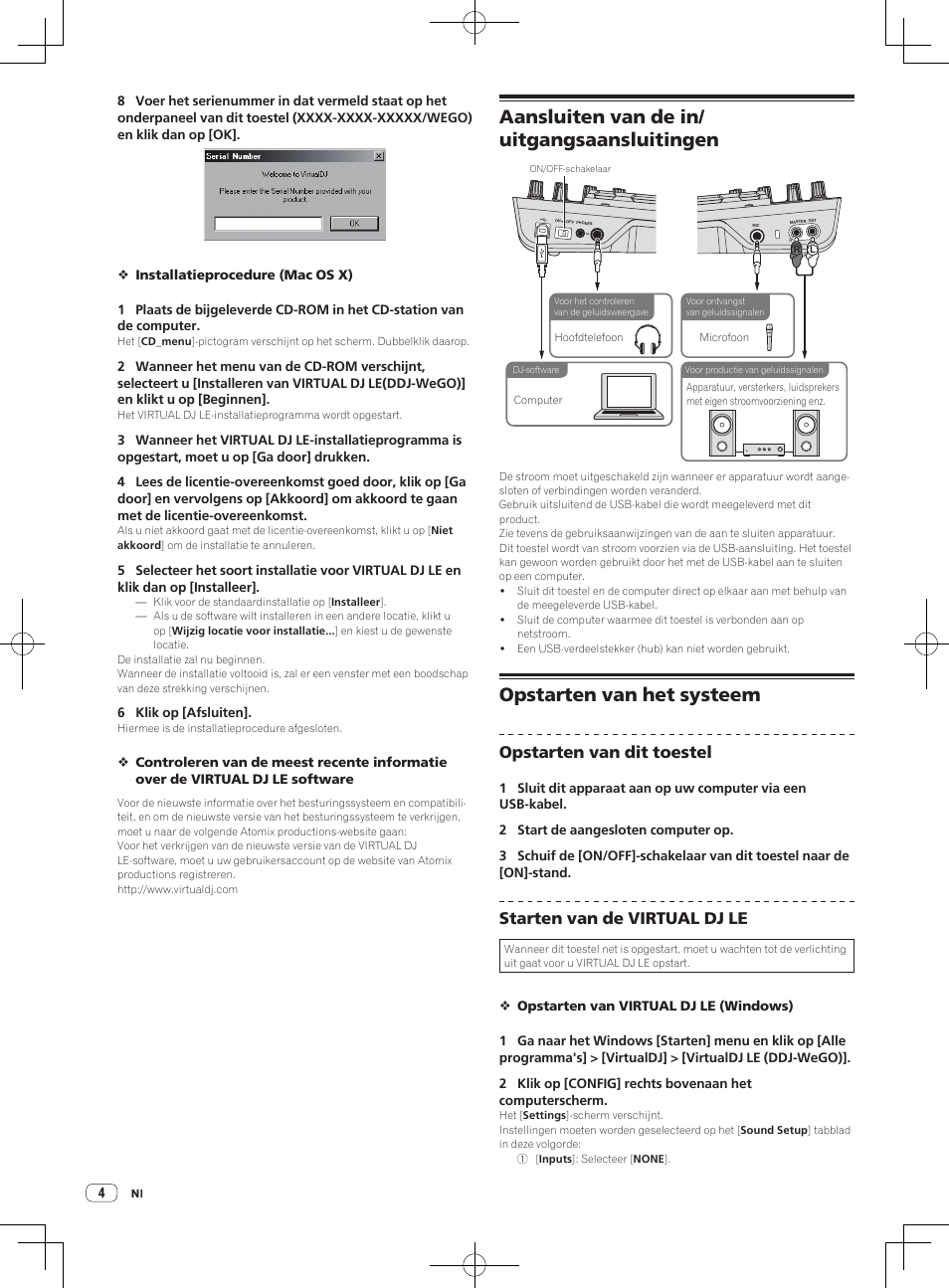 Aansluiten van de in/ uitgangsaansluitingen, Opstarten van het systeem, Opstarten van dit toestel | Starten van de virtual dj le | Pioneer DDJ-WeGO-G User Manual | Page 28 / 64