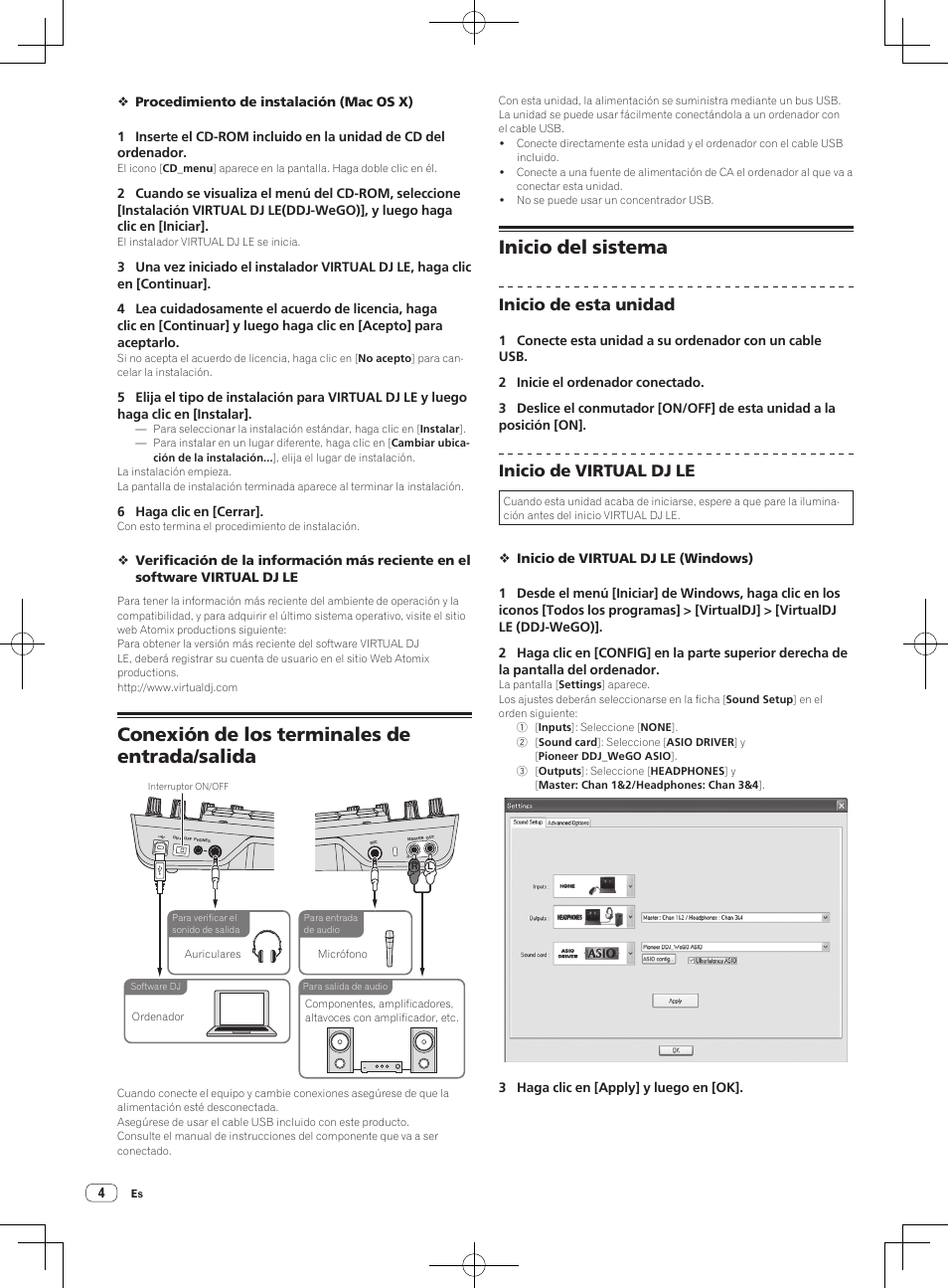 Conexión de los terminales de entrada/salida, Inicio del sistema, Inicio de esta unidad | Inicio de virtual dj le | Pioneer DDJ-WeGO-G User Manual | Page 34 / 64