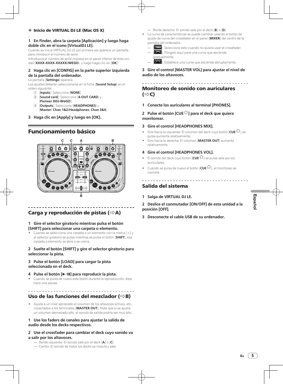 Funcionamiento básico, Carga y reproducción de pistas ( r a), Uso de las funciones del mezclador ( r b) | Monitoreo de sonido con auriculares ( r c), Salida del sistema | Pioneer DDJ-WeGO-G User Manual | Page 35 / 64