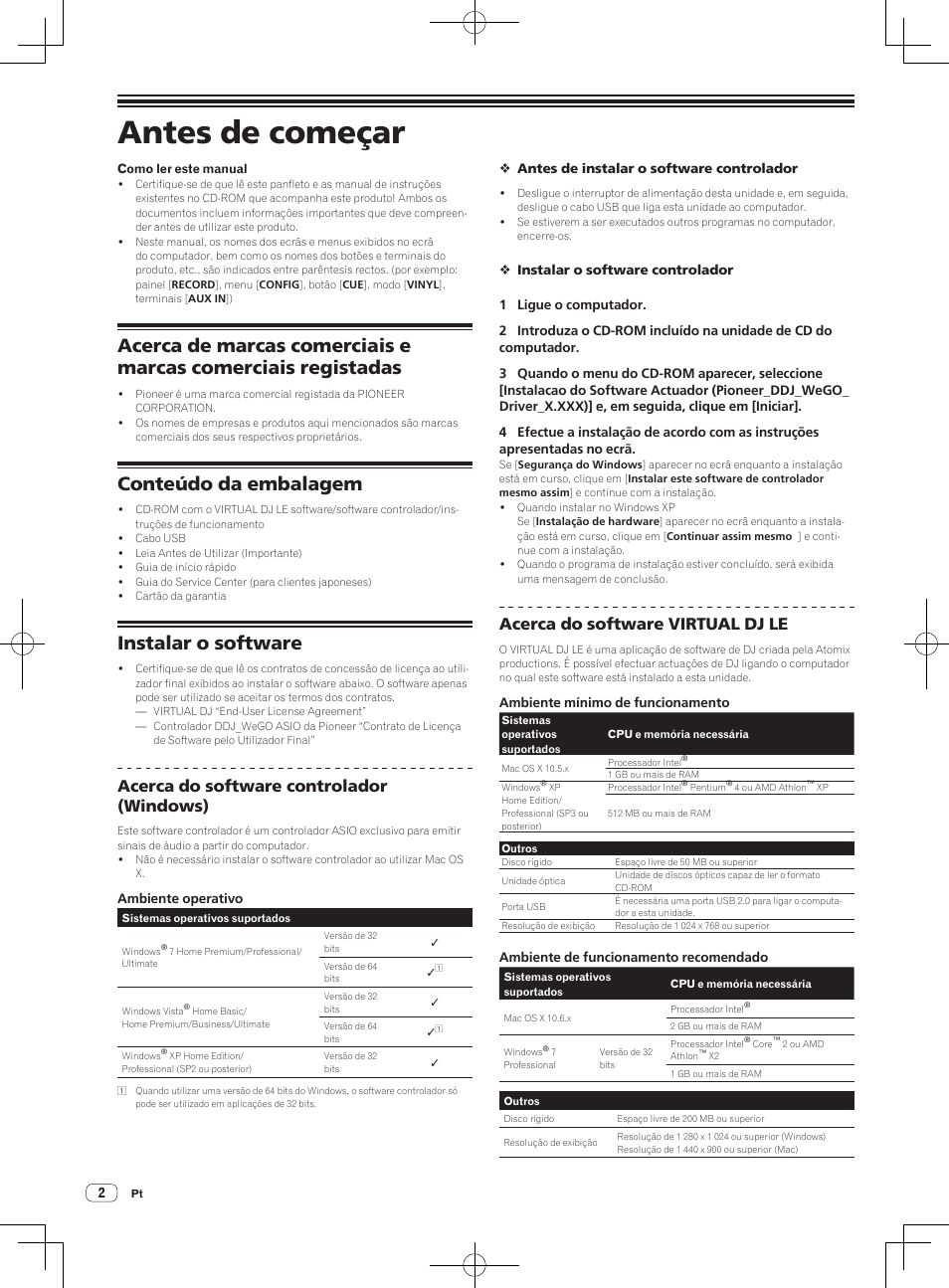 Guia de início rápido, Controlador de dj, Antes de começar | Conteúdo da embalagem, Instalar o software, Acerca do software controlador (windows), Acerca do software virtual dj le | Pioneer DDJ-WeGO-G User Manual | Page 38 / 64