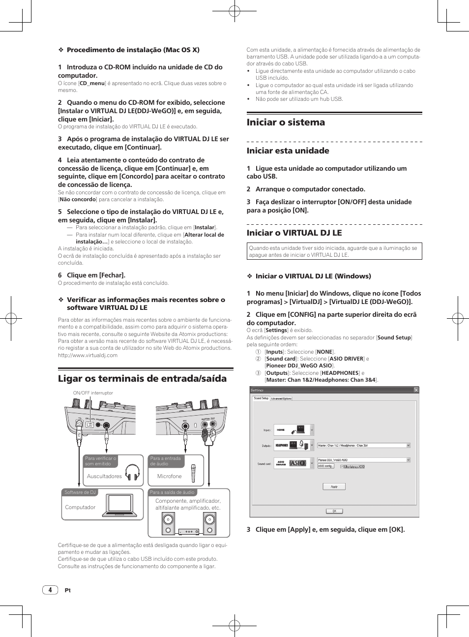 Ligar os terminais de entrada/saída, Iniciar o sistema, Iniciar esta unidade | Iniciar o virtual dj le | Pioneer DDJ-WeGO-G User Manual | Page 40 / 64