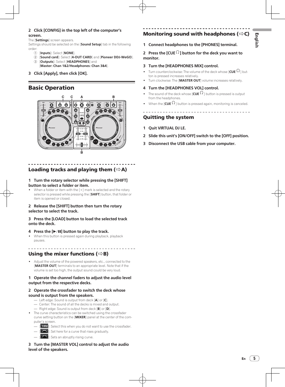 Basic operation, Loading tracks and playing them ( r a), Using the mixer functions ( r b) | Monitoring sound with headphones ( r c), Quitting the system | Pioneer DDJ-WeGO-G User Manual | Page 5 / 64