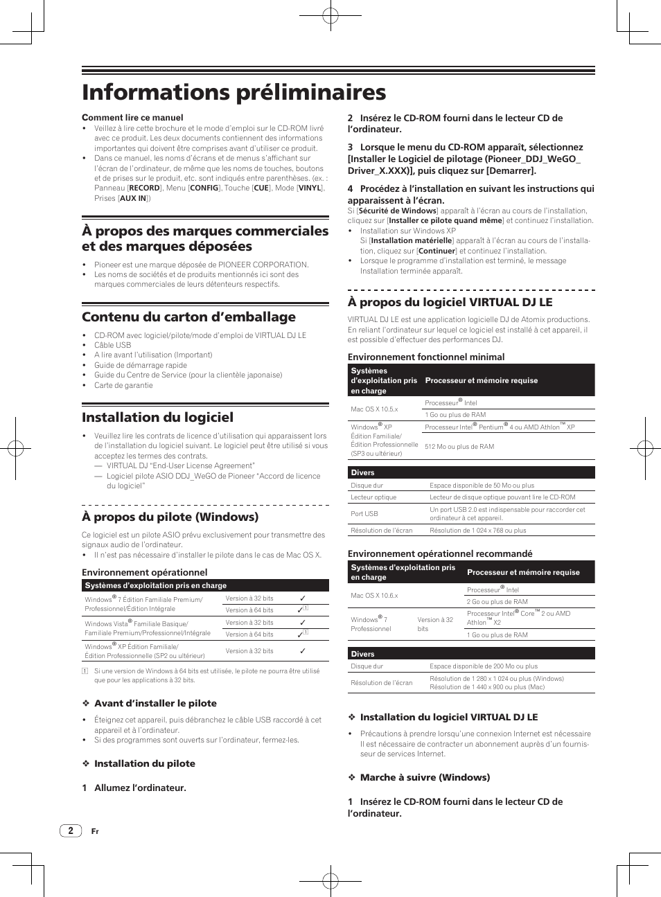Guide de démarrage rapide, Contrôleur pour dj, Informations préliminaires | Contenu du carton d’emballage, Installation du logiciel, À propos du pilote (windows), À propos du logiciel virtual dj le | Pioneer DDJ-WeGO-G User Manual | Page 8 / 64