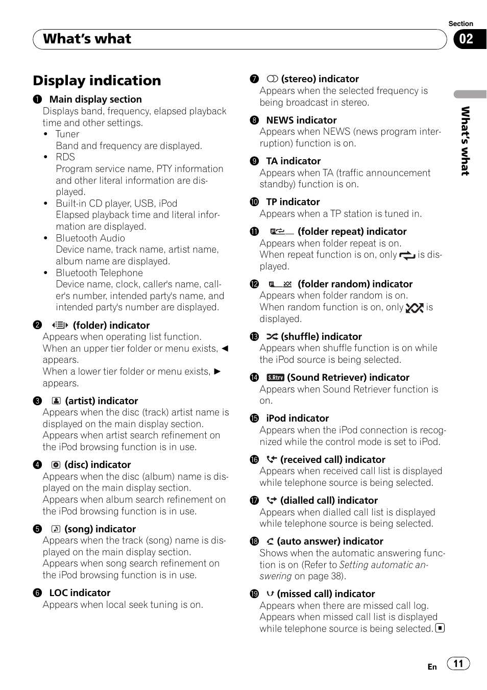 Display indication, What ’s what | Pioneer DEH-P7100BT User Manual | Page 11 / 69
