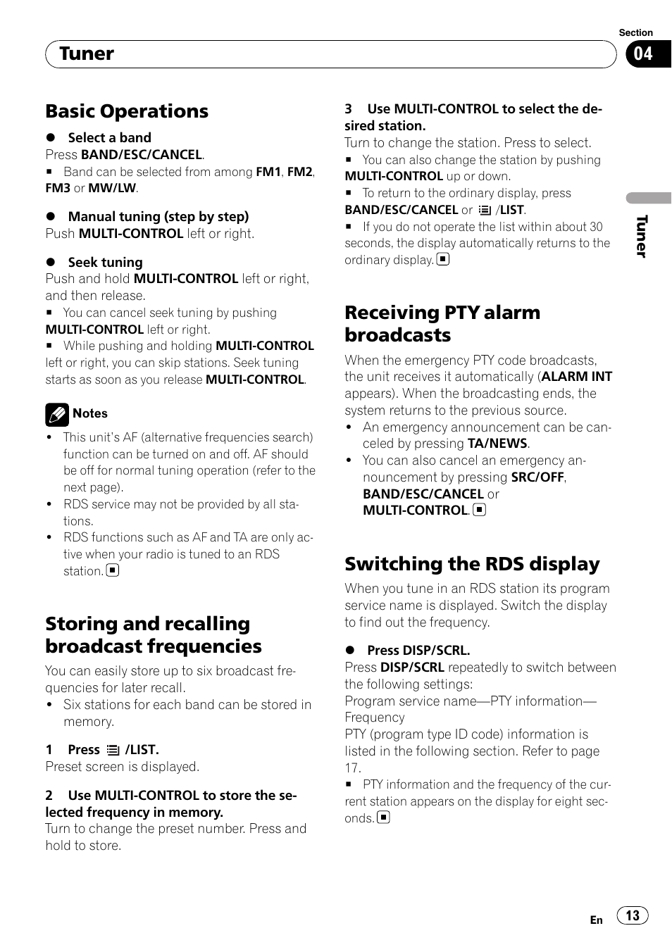 Tuner basic operations, Storing and recalling broadcast, Frequencies | Receiving pty alarm broadcasts, Switching the rds display, Basic operations, Storing and recalling broadcast frequencies, Tuner | Pioneer DEH-P7100BT User Manual | Page 13 / 69