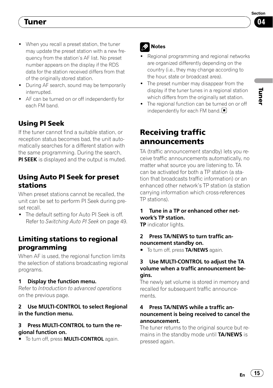 Using pi seek 15, Using auto pi seek for preset, Stations | Limiting stations to regional, Programming, Receiving traffic announcements, Tuner, Using pi seek, Using auto pi seek for preset stations, Limiting stations to regional programming | Pioneer DEH-P7100BT User Manual | Page 15 / 69