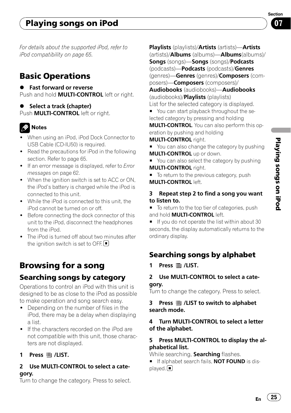 Playing songs on ipod basic operations, Browsing for a song, Searching songs by category 25 | Searching songs by alphabet 25, Basic operations, Playing songs on ipod, Searching songs by category, Searching songs by alphabet | Pioneer DEH-P7100BT User Manual | Page 25 / 69